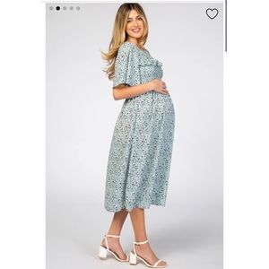 NWOT!! Mint Floral Smocked Front Ruffle Sleeve Maternity Dress